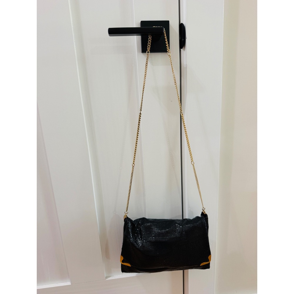 Glomesh Chainmail Mesh Flap Black Clutch Shoulder Bag Goldtone Detail and Chain